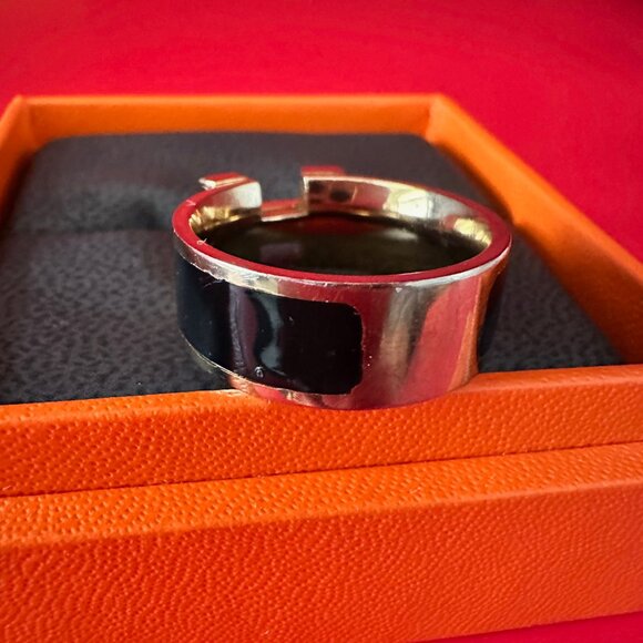 Hermes Black Enamel Gold Tone Clic Clac H Band Ring Size 8 1/4 - Picture 12 of 13